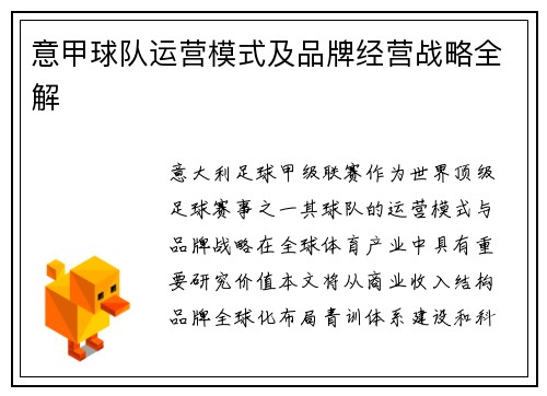 意甲球队运营模式及品牌经营战略全解